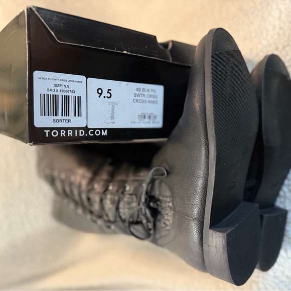 Torrid Knee-High Faux Leather Boots with Sweater Knit Cuffs - Picture 4 of 8